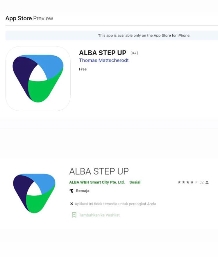 ALBA STEP UP app, can be downloaded for free in the Appstore (above) and the Google Play Store (below).