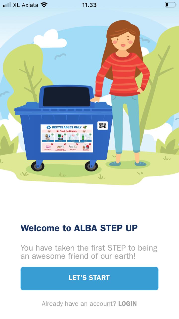 Welcome screen of ALBA STEP UP app. Continue by pressing LETS START.